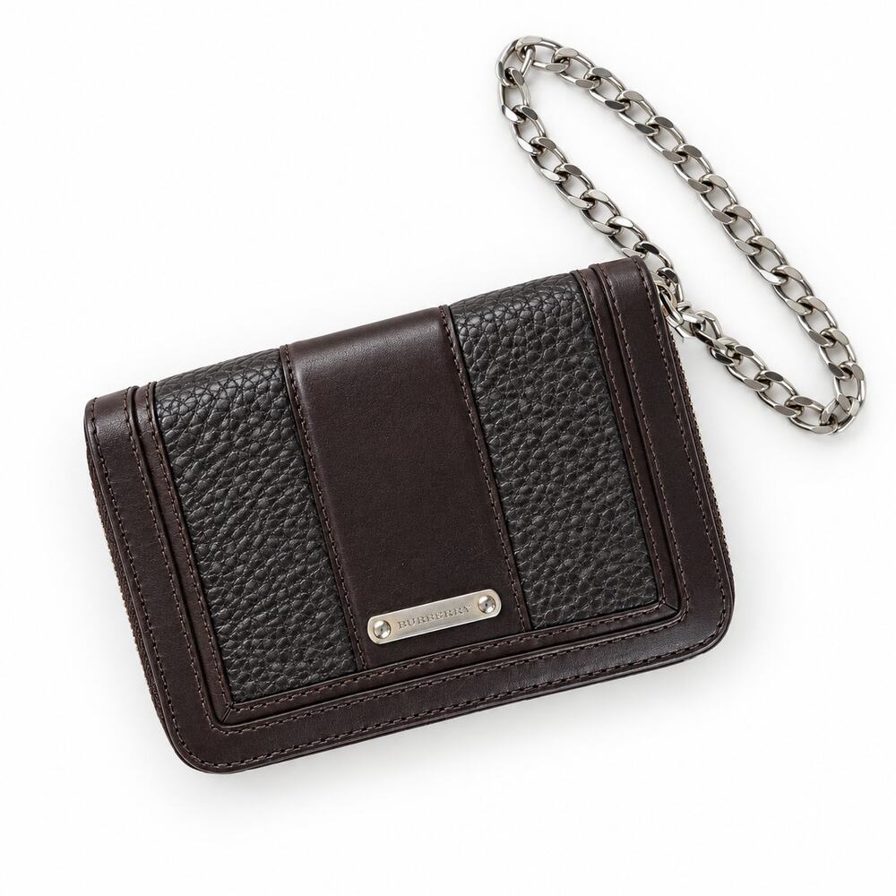 Burberry Vintage Leather Wallet with Chain Black Plaque Logo Bifold Rare